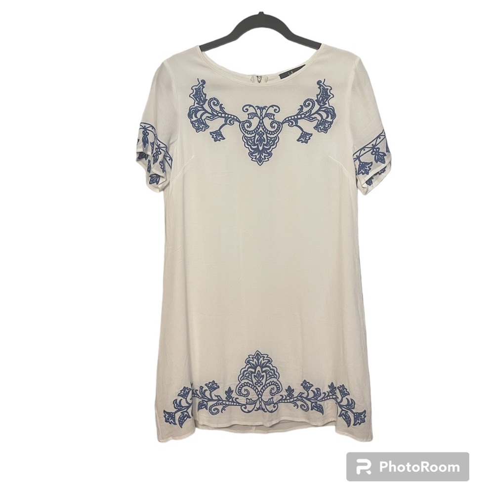 Lulus Tale to Tell Blue and Ivory Embroidered Shift Dress